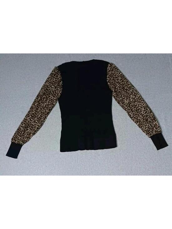 DKNY Bishop Sleeve Sweater Womens M Sheer black Leopard Print Sleeves Ribbed - Picture 12 of 12